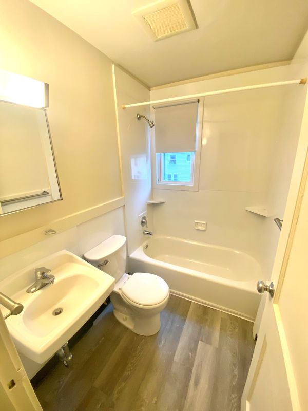 Sink, toilet, and bathtub shower in bathroom