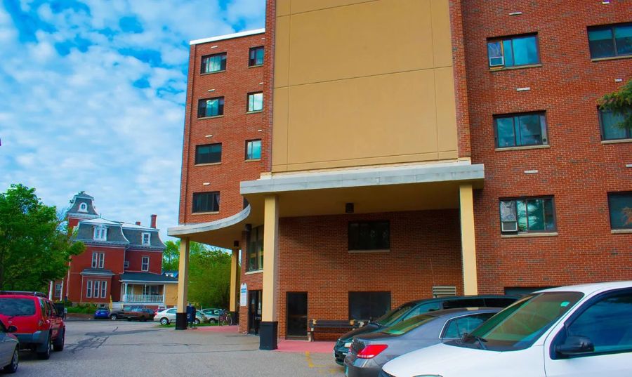 Close up view of the building entrance